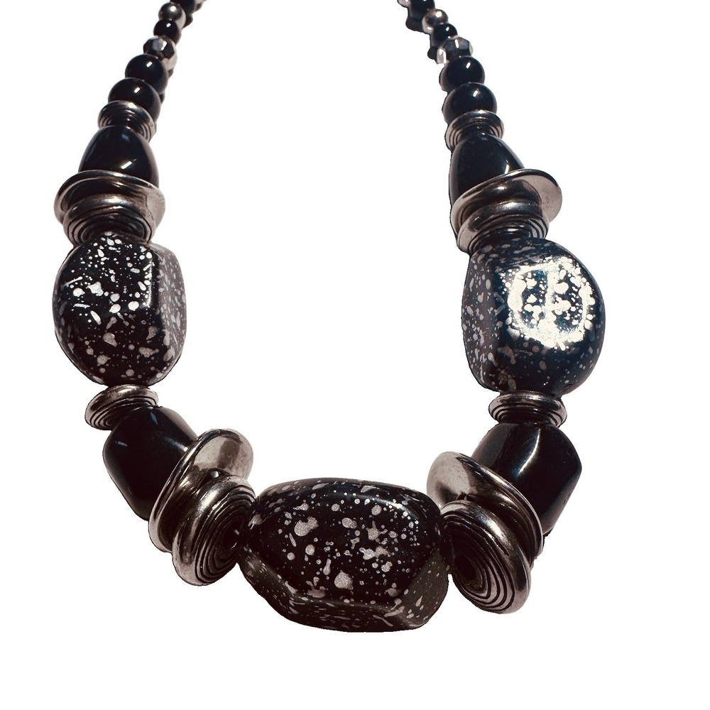 Statement Necklace Women OS Black‎ Silver Speckled Chunky Bib Excellent
